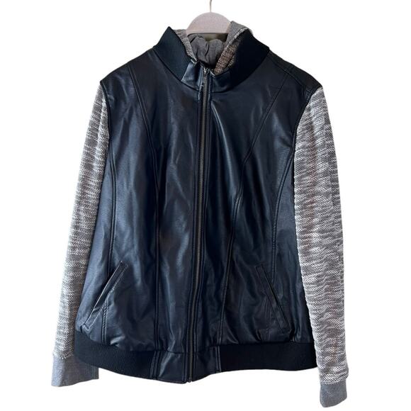 Torrid Black Faux Leather & Marled Grey Terry Bomber‎ Jacket Hooded Sz 2X 18-20 - Picture 3 of 10